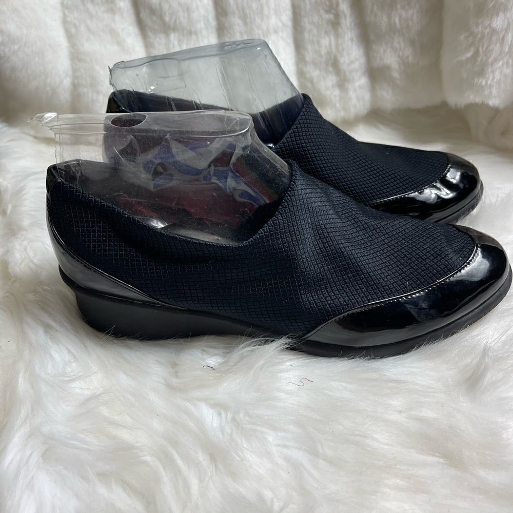 Abella Tiressa black patent and nylon wedge slip on rubber soles size 10